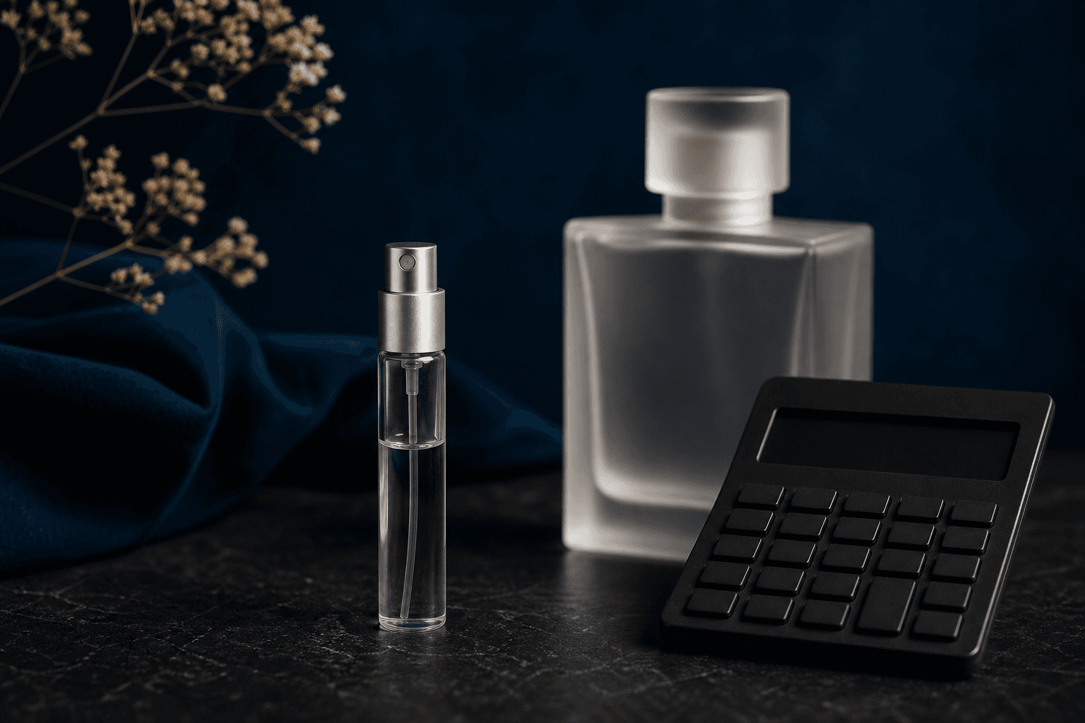 Botol decant kecil dan botol parfum ukuran penuh di samping kalkulator di atas meja gelap