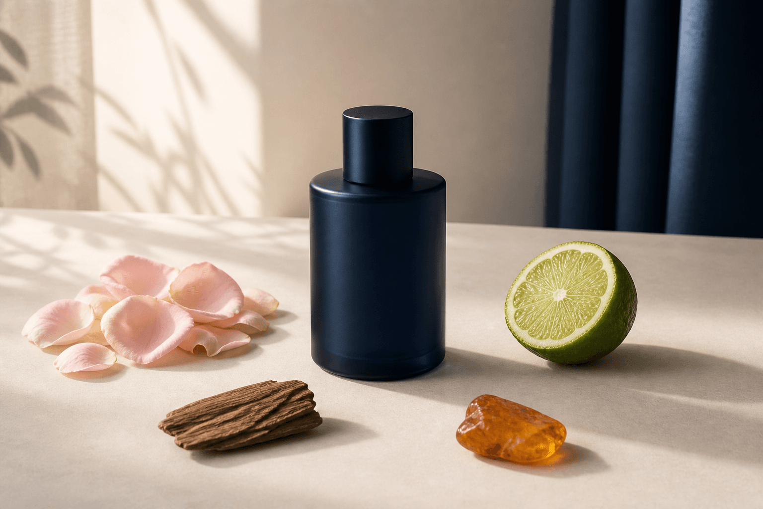 Ilustrasi botol parfum generik dengan kelopak mawar, citrus, kayu, dan resin amber